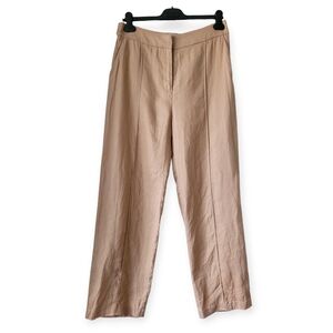 High Waist 100% Linen Pleated Trousers Size Large Warm Beige